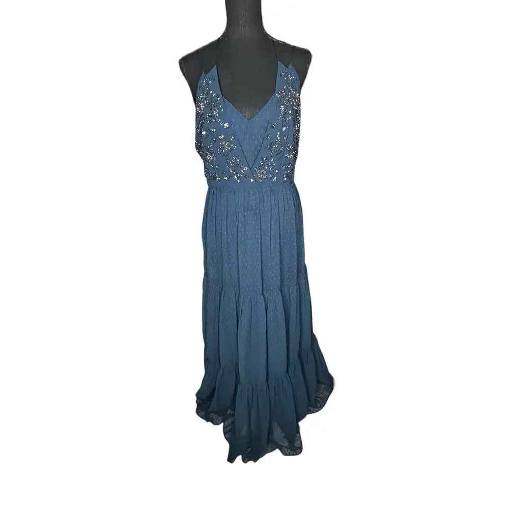Anthropologie Ranna Gill Lucinda Beaded Maxi Dress Tiered Swiss Dot Halter 8